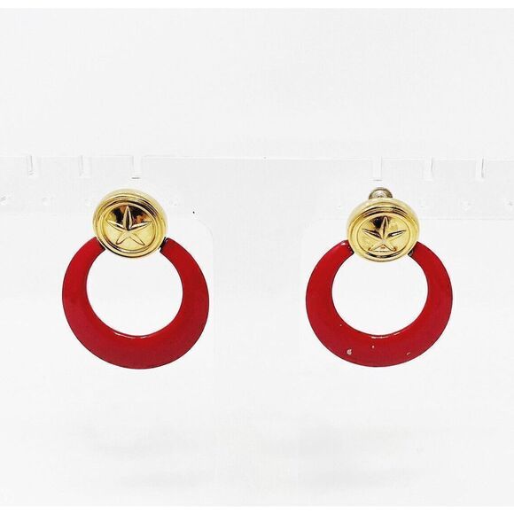 Monet Open Circle Dangle Earrings Gold Tone Red Enamel Nautical Star Round - Picture 1 of 7
